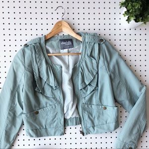 Minty teal CHARLOTTE RUSSE crop ruffle bomber coat